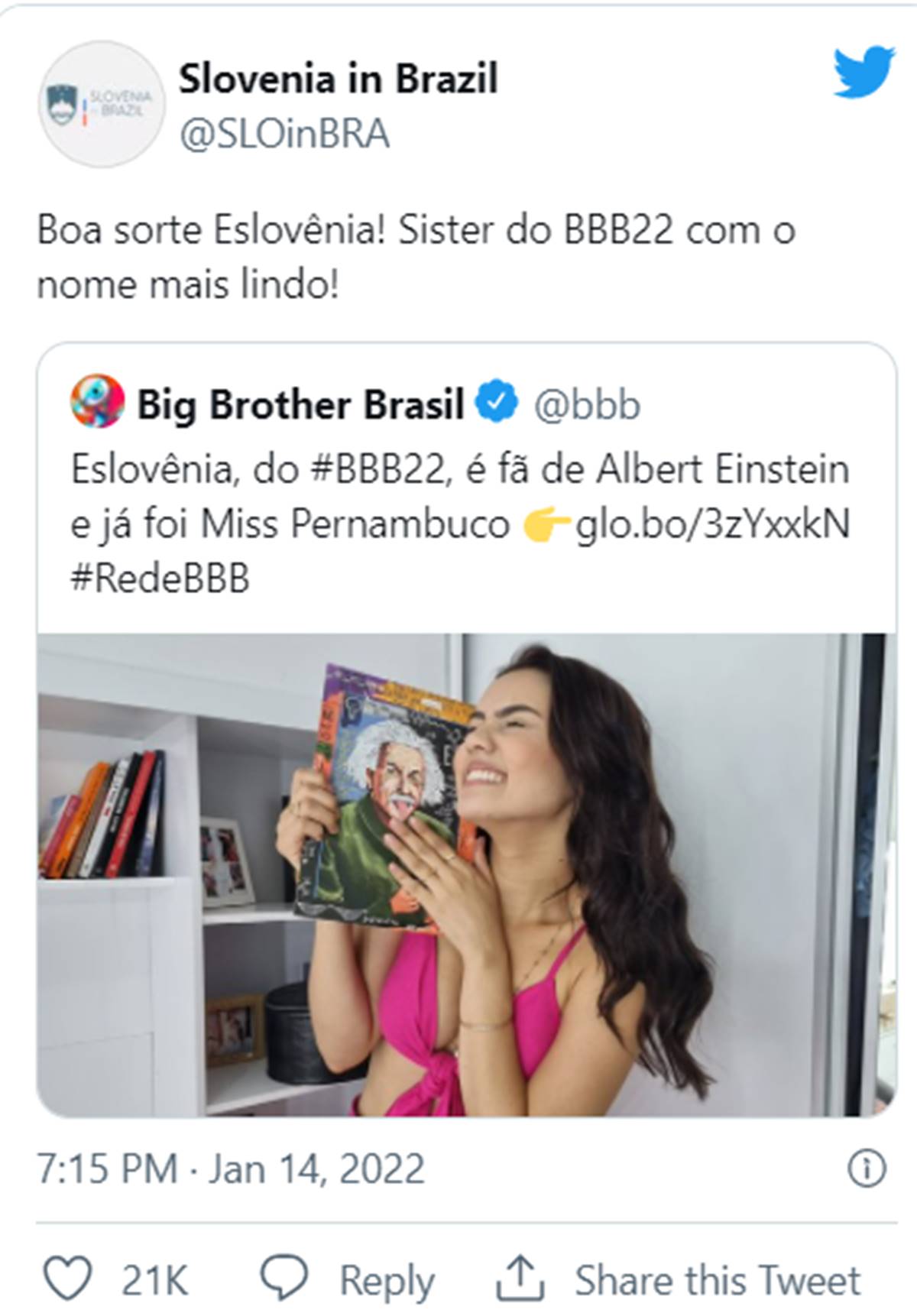 Embaixada da Eslovênia usa conta oficial para torcer pelo BBB