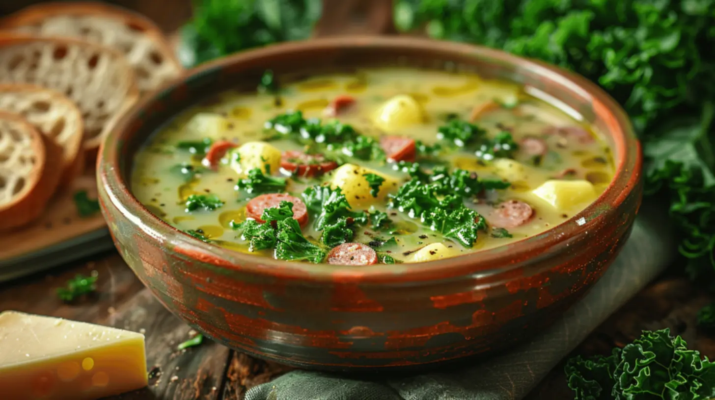Delicioso caldo verde feito com couve, batata e azeite