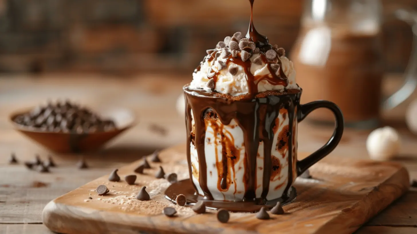 Bolo na caneca coberto com chocolate derretido