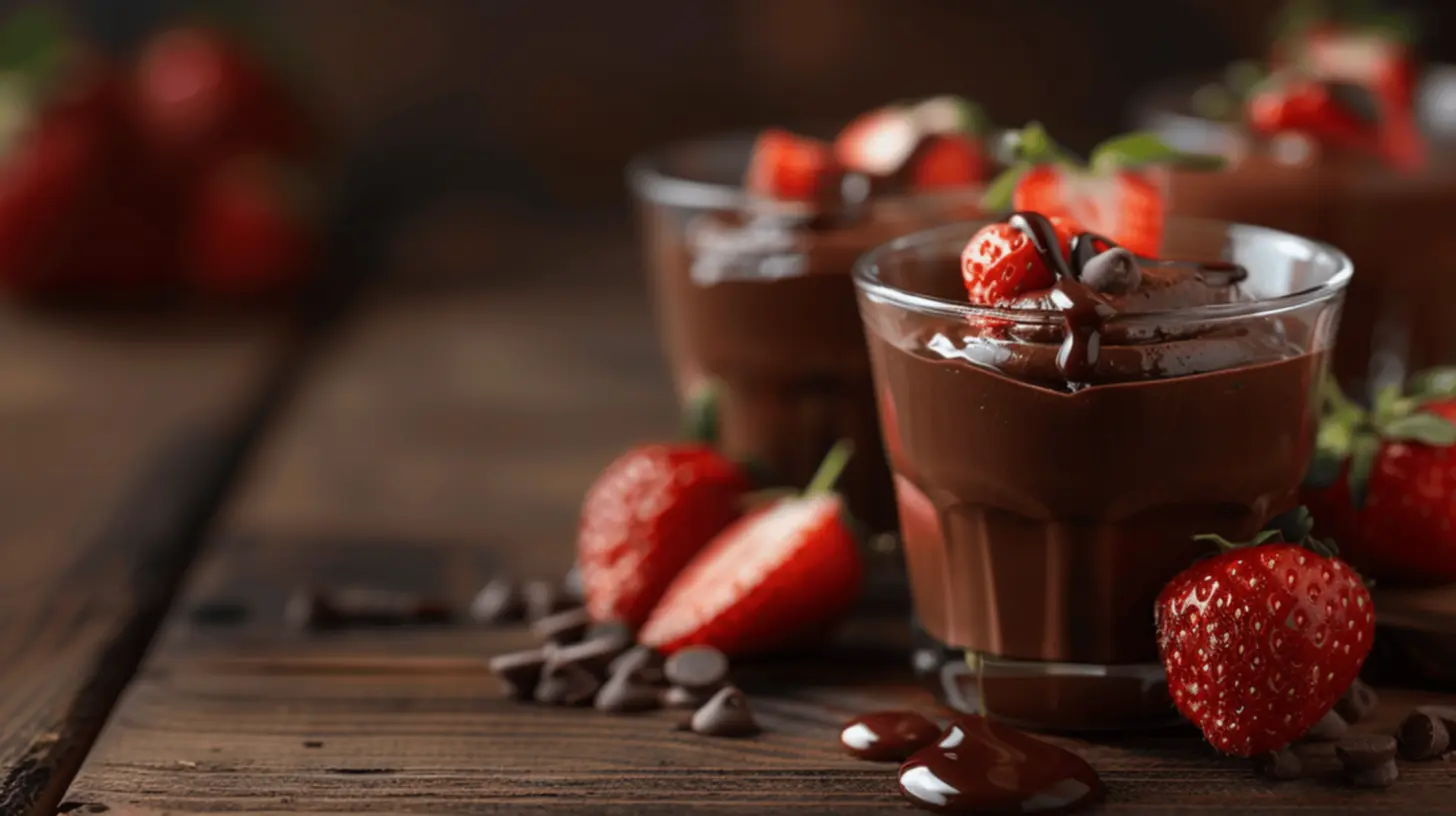 Mousse de chocolate servido com morangos