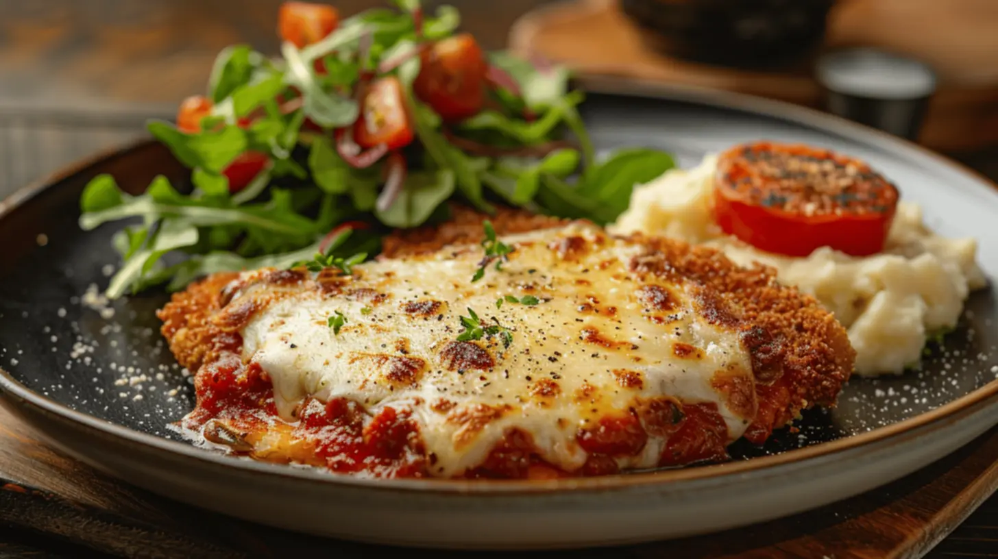 Prato delicioso de bife à parmegiana servido