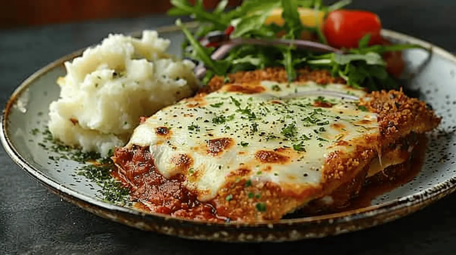Bife à parmegiana servido com arroz e salada