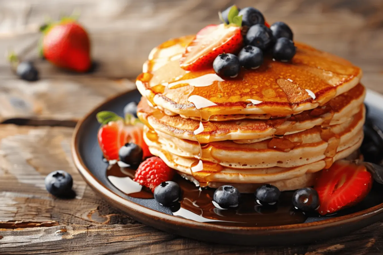 Panquecas servidas com frutas frescas