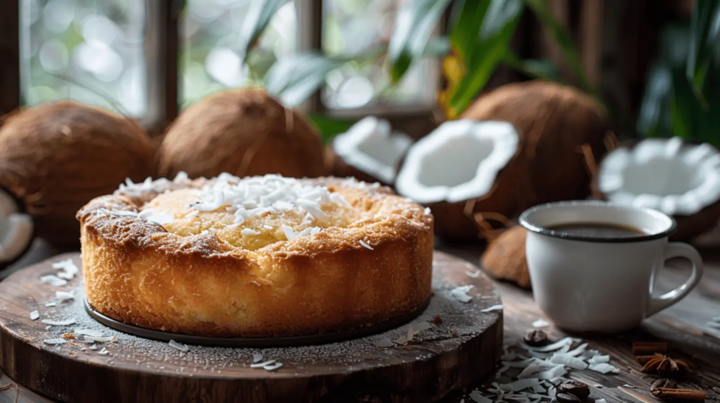 Bolo de coco servido com café