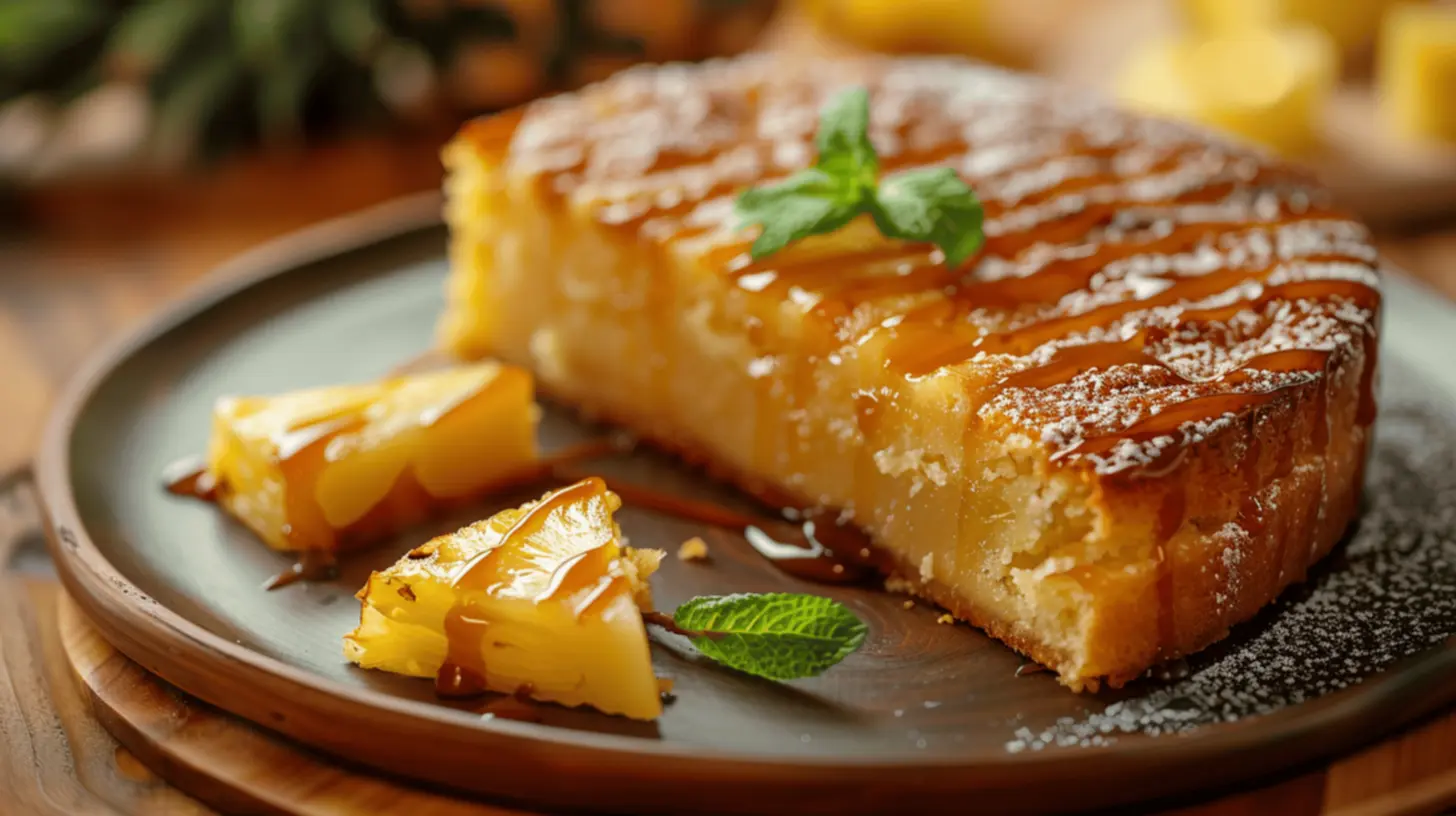 Porção de bolo de abacaxi com cobertura de caramelo
