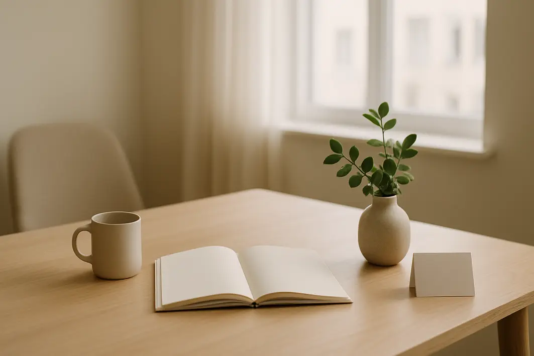 Presente para homem que não gosta de presentes: Opções seguras e funcionais Mesa de madeira clara organizada com caneca, livro aberto em branco, vaso com planta verde e cartão dobrado em ambiente interno moderno e minimalista