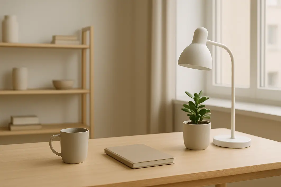 Presente para homem minimalista: menos coisas, mais significado Ambiente interno moderno minimalista com mesa de madeira clara organizada com caneca, caderno liso, planta pequena em vaso clean e luminária simples
