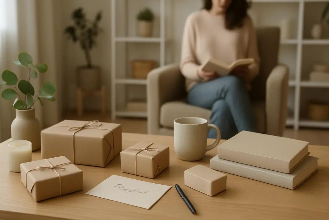 Sugestão de presente criativo para sair do comum sem exagerar Mesa de madeira clara com presentes criativos organizados incluindo livros, canecas, velas e plantas decorativas em sala moderna com luz natural