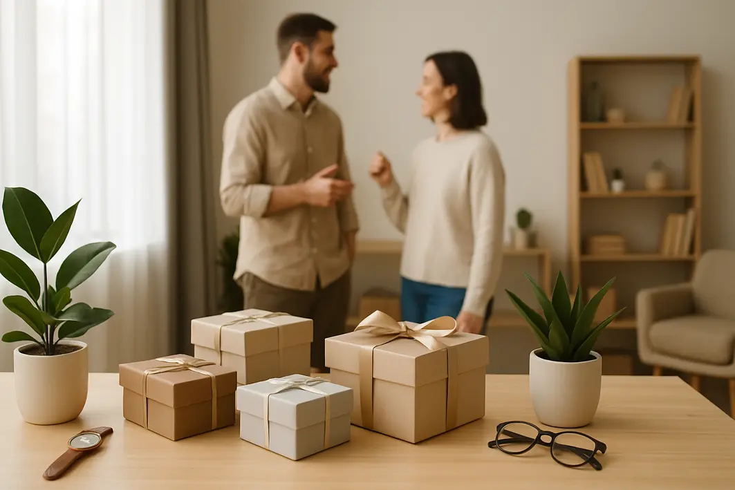 Presente para namorado jovem: ideias atuais que combinam com a idade Mesa de madeira clara organizada com caixas de presente neutras, plantas em vasos minimalistas e acessórios discretos em ambiente interno moderno