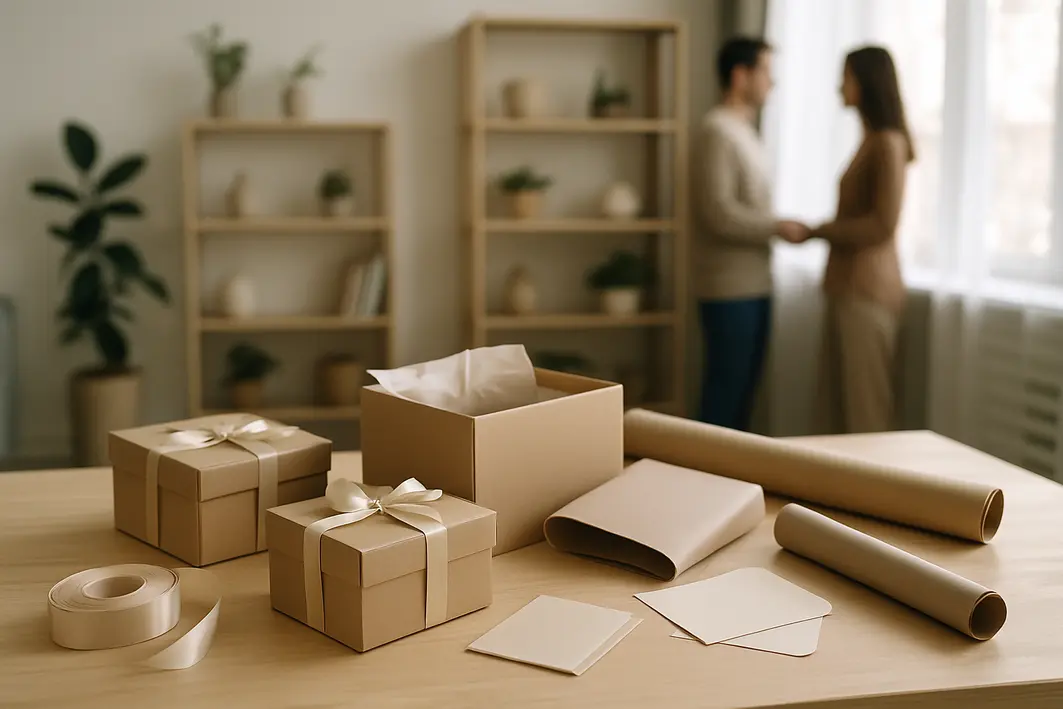 Sugestão de presente para namorado em qualquer ocasião Mesa de madeira clara com caixas de presente abertas, fitas e papel de embrulho, em ambiente interno moderno e acolhedor com estante e plantas ao fundo