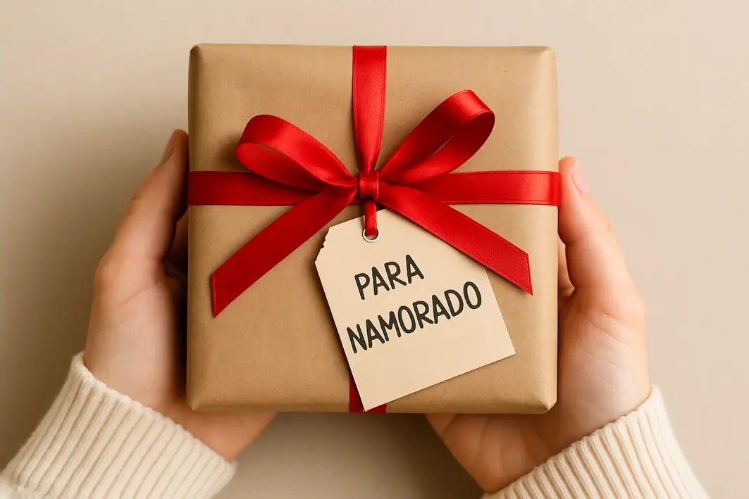 Presente para namorado sem gastar muito: boas ideias com pouco dinheiro Mãos femininas ajustando embalagem simples de presente com papel kraft e fita de tecido sobre mesa de madeira