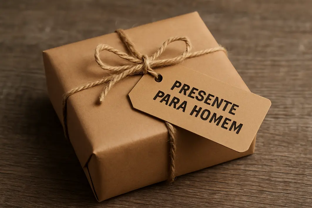 Presente para homem simples: O básico bem escolhido funciona Mãos masculinas ajustando embalagem simples em papel kraft com cordão de algodão cru sobre mesa de madeira clara