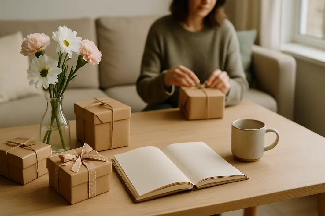 Ideias criativas de presente para namorado que fogem do óbvio Mesa de madeira clara com presentes personalizados como caixas de papel kraft decoradas, vaso com flores, caderno aberto, caneca artesanal e pessoa desfocada embalando presente ao fundo em sala moderna