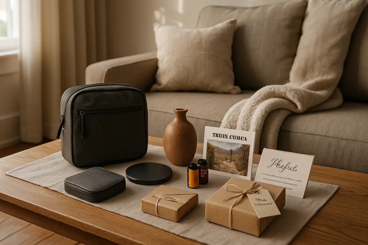 Ideias de presente diferente para namorado que fogem do comum Sala de estar moderna com mesa de madeira exibindo kit organizador, cobertor com capuz, carregador sem fio, peça artesanal e voucher para trilha guiada