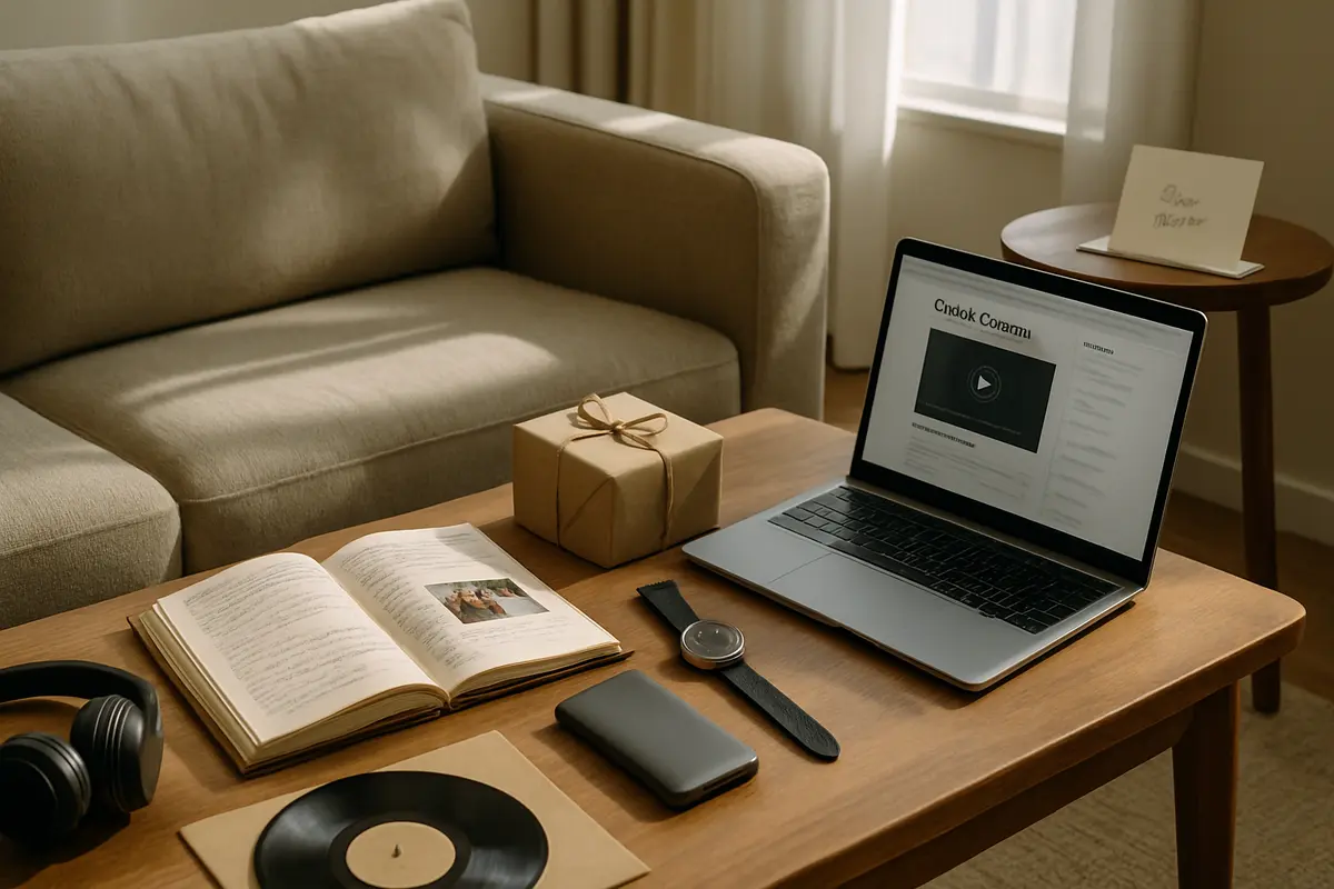 Ideias de presente para namorado organizadas por estilo Sala moderna com sofá de linho, mesa de madeira e presentes artesanais personalizados
