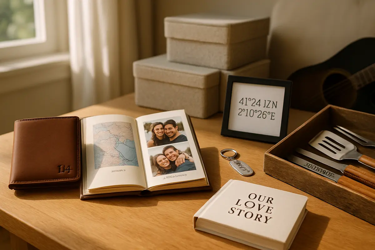 Ideias de presente personalizado para namorado que marcam momentos Mesa com presentes personalizados para namorado incluindo carteira de couro, chaveiro metálico, álbum de fotos e livro customizado
