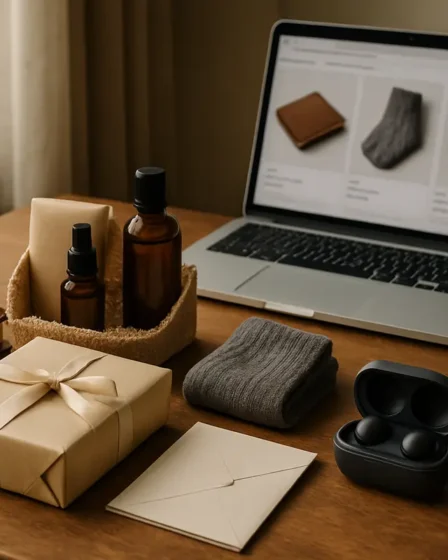 Ideias de presente simples para namorado que funcionam de verdade Mesa de madeira com presentes simples para namorado incluindo carteira de couro, kit de cuidados com barba, livro, meias e fone bluetooth ao lado de cartão artesanal