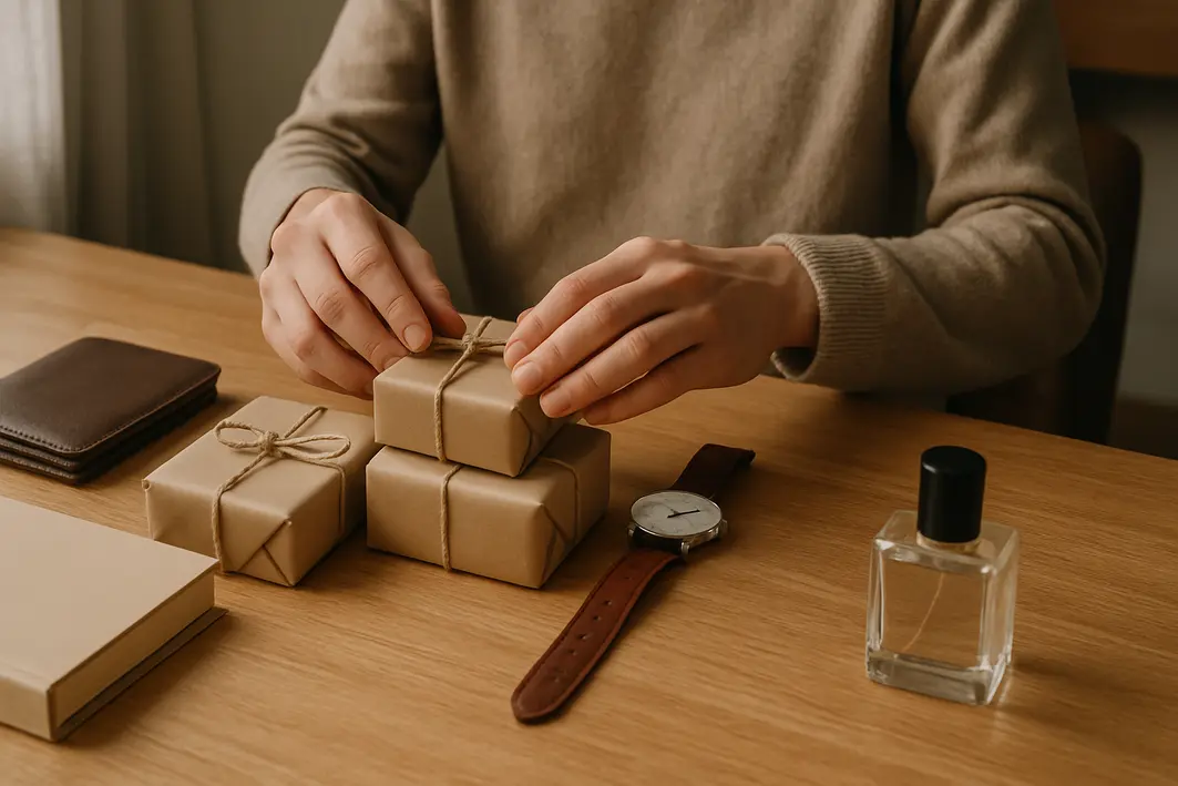 Ideias de presente simples para namorado que funcionam de verdade Mãos organizando pequenos presentes na mesa de madeira clara em ambiente doméstico