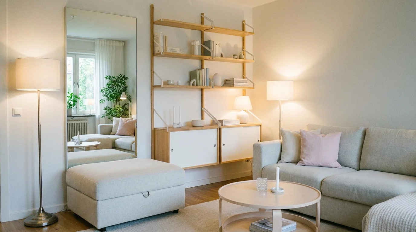 Sala Pequena Parece Maior: 5 Dicas de Decoração Que Funcionam de Verdade Imagem de capa horizontal 16:9 representando decoração sala pequena 5 para ampliar espaços, sem textos escritos