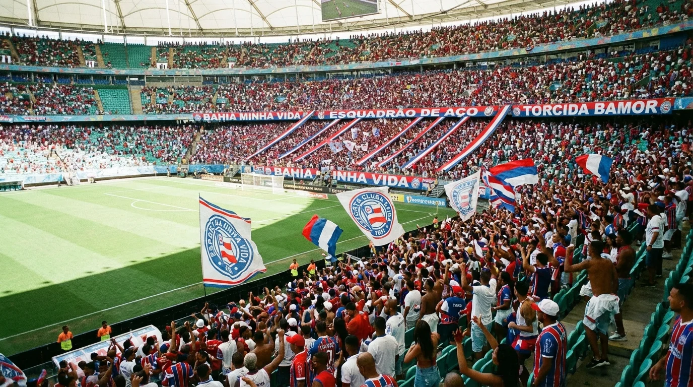 Bahia x Jacuipense ao vivo: como assistir gratuitamente à transmissão da 8ª rodada do Baianão na TV e online Torcida vibrante de Bahia x Jacuipense ao vivo na Arena Fonte Nova com faixas, bandeiras e movimento nas arquibancadas
