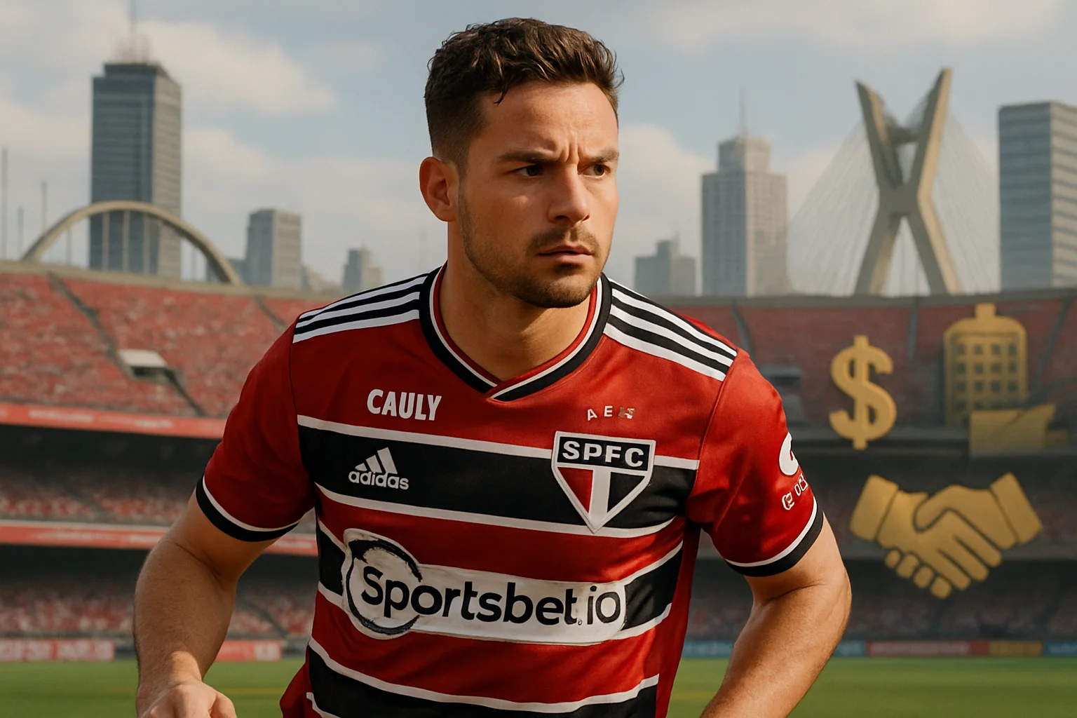 Cauly chega a São Paulo e revela negociações de quase um mês e meio com Ceni Cauly em campo no Morumbi com uniforme do São Paulo, expressão de determinação, cercado de elementos de São Paulo e negociações