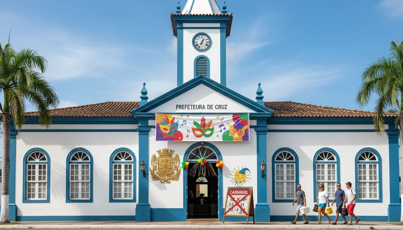 Prefeitura de Cruz decreta ponto facultativo para o Carnaval Imagem de capa horizontal 16:9 representando a prefeitura de Cruz decretando ponto facultativo para o Carnaval, sem textos escritos
