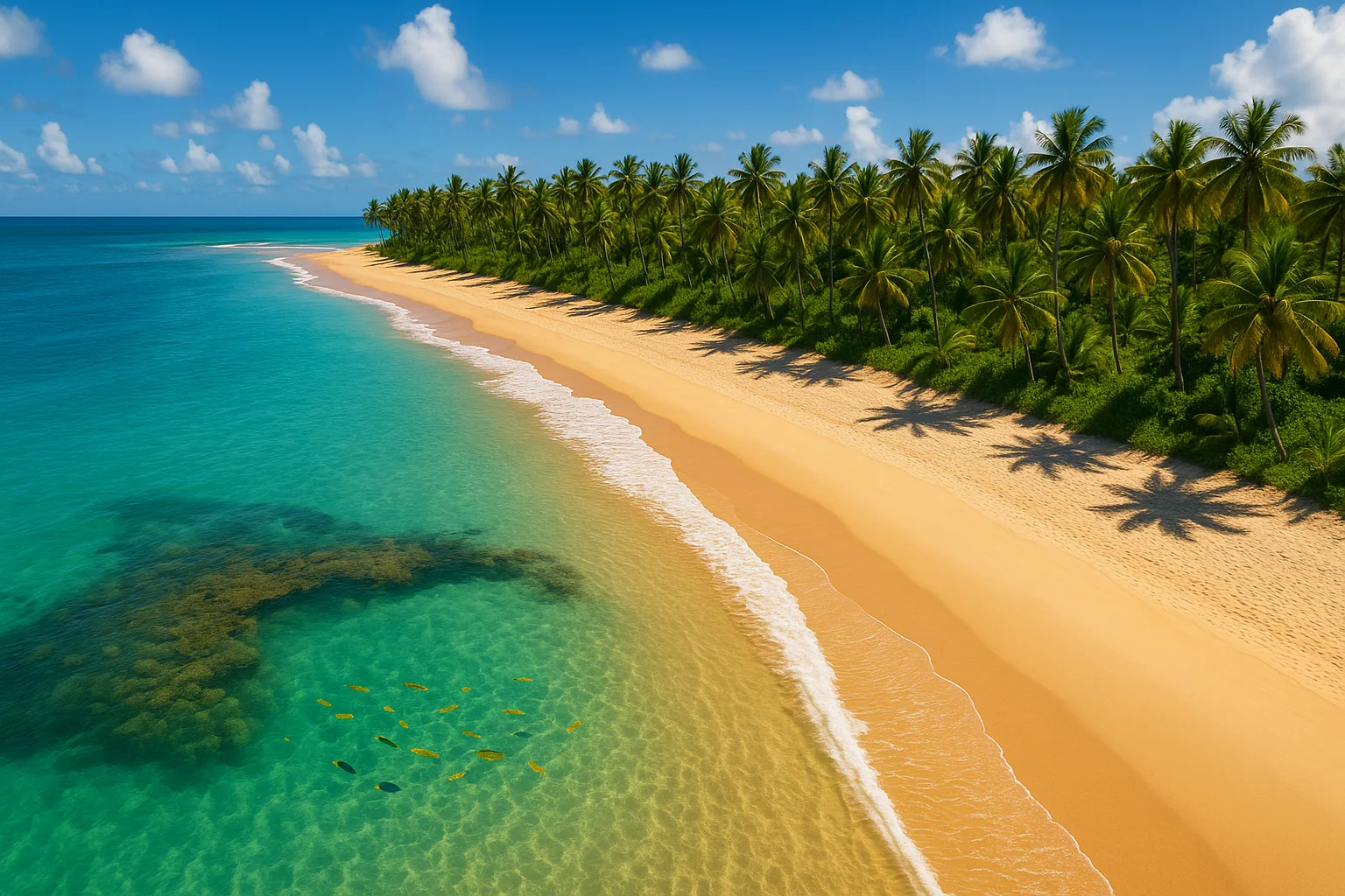 Melhores Praias da Bahia: Um Guia Completo para Relaxar e Aventurar-se no Litoral Paradisíaco Visão aérea de uma das melhores praias Bahia, com areia dourada, coqueiros, piscina natural e mar azul-turquesa