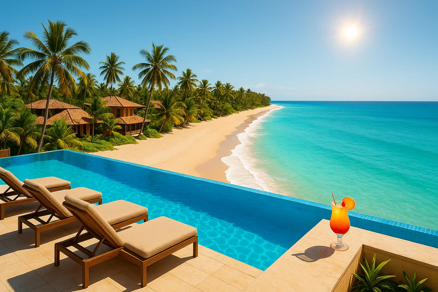 Hospedagem na Bahia: Guia Completo para Encontrar o Paraíso Ideal para Sua Viagem Vista aérea de hospedagem na Bahia com praia, piscina de borda infinita e vegetação tropical