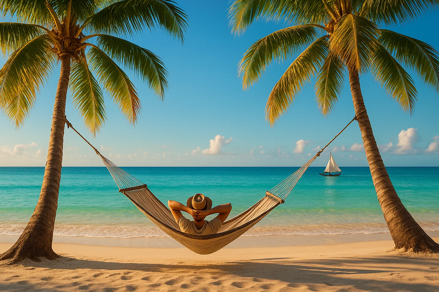 As Melhores Praias da Bahia: Um Guia Completo para Férias Inesquecíveis entre Relaxamento e Aventura Imagem de uma das melhores praias Bahia com águas cristalinas, rede entre palmeiras e jangada ao fundo, perfeita para férias inesquecíveis.