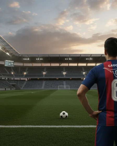 Bahia confirma venda de Matheus Bahia ao Internacional com detalhes da negociação Cena de futebol realista em estádio, jogador de costas com número 6, símbolo da venda de Matheus Bahia ao Internacional