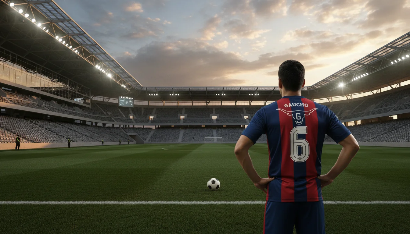 Bahia confirma venda de Matheus Bahia ao Internacional com detalhes da negociação Cena de futebol realista em estádio, jogador de costas com número 6, símbolo da venda de Matheus Bahia ao Internacional