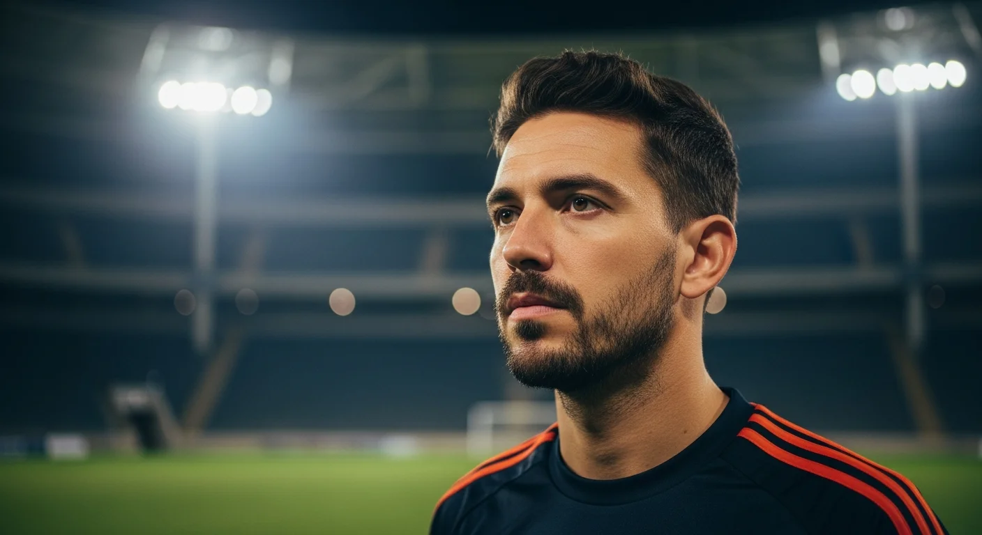 Rogério Ceni critica postura do Bahia após empate: "Falta desejo" Treinador de futebol, expressão tensa e pensativa, critica postura do Bahia após jogo no estádio vazio, refletindo frustração.