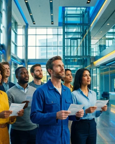 PIS/Pasep 2026: Nascidos em Janeiro já podem sacar abono: Veja calendário e quem tem direito Capa com trabalhadores segurando recibos de pagamento em agência moderna, cores vívidas de azul e amarelo, expressão de expectativa, destaque para pis pasep 2026 saque