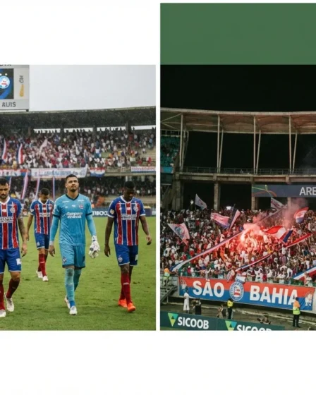 Bahia perde na estreia da Libertadores e precisa reverter placar na Arena Fonte Nova Imagem de capa horizontal 16:9 representando a derrota do Bahia na Libertadores na Arena Fonte Nova, sem textos escritos, centrada na temática Bahia perde estreia libertadores.
