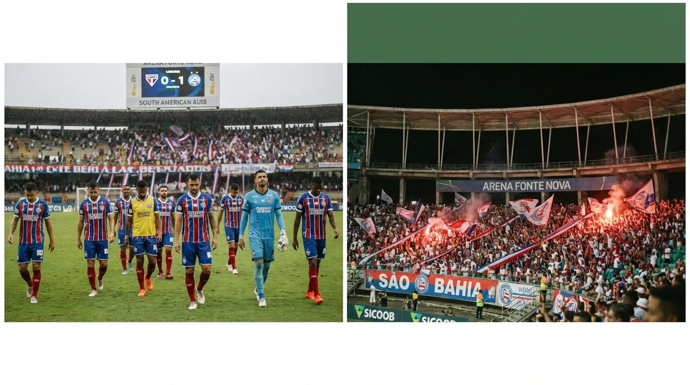 Bahia perde na estreia da Libertadores e precisa reverter placar na Arena Fonte Nova Imagem de capa horizontal 16:9 representando a derrota do Bahia na Libertadores na Arena Fonte Nova, sem textos escritos, centrada na temática Bahia perde estreia libertadores.