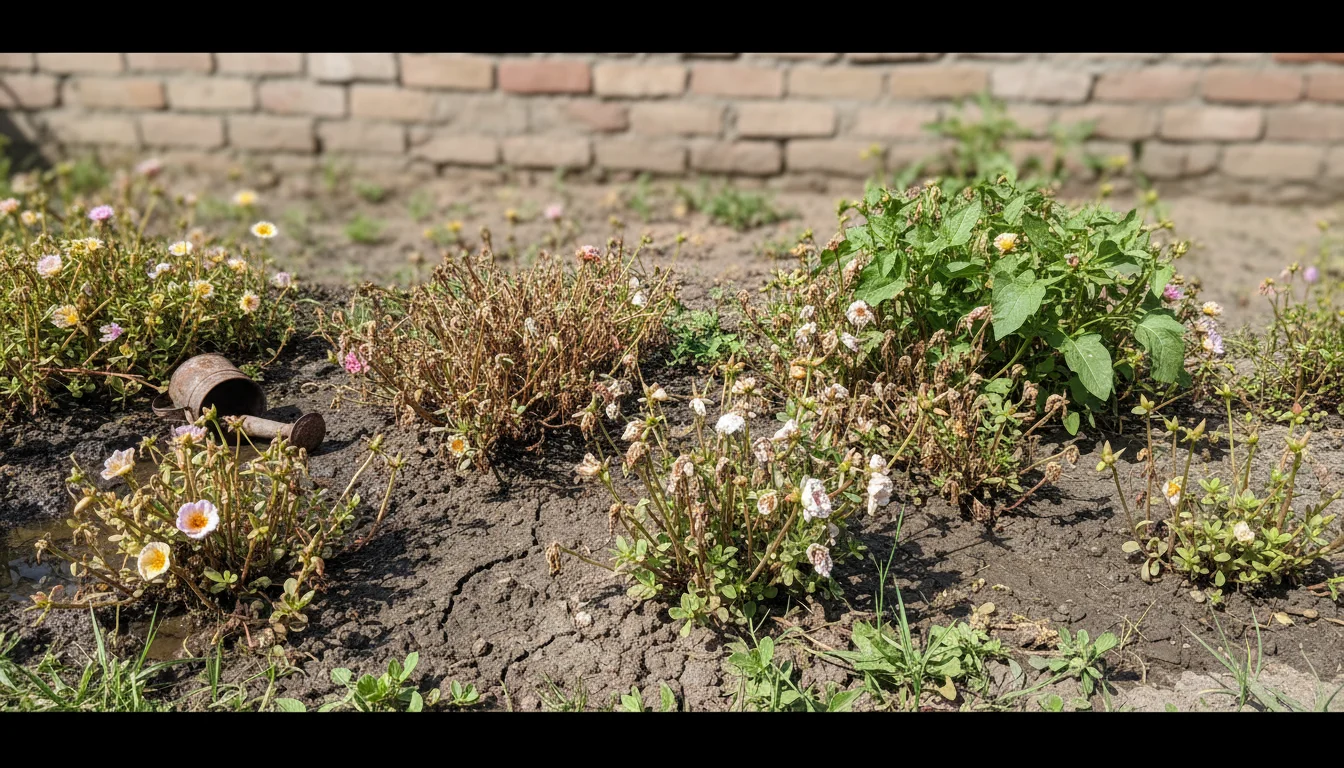 5 Erros Comuns na Rega da Portulaca Que Matam a Intensidade das Flores e Deixam Seu Canteiro Apagado Capa horizontal 16:9 ilustrando os 5 erros comuns na rega da portulaca, criando um canteiro apagado e flores sem vida