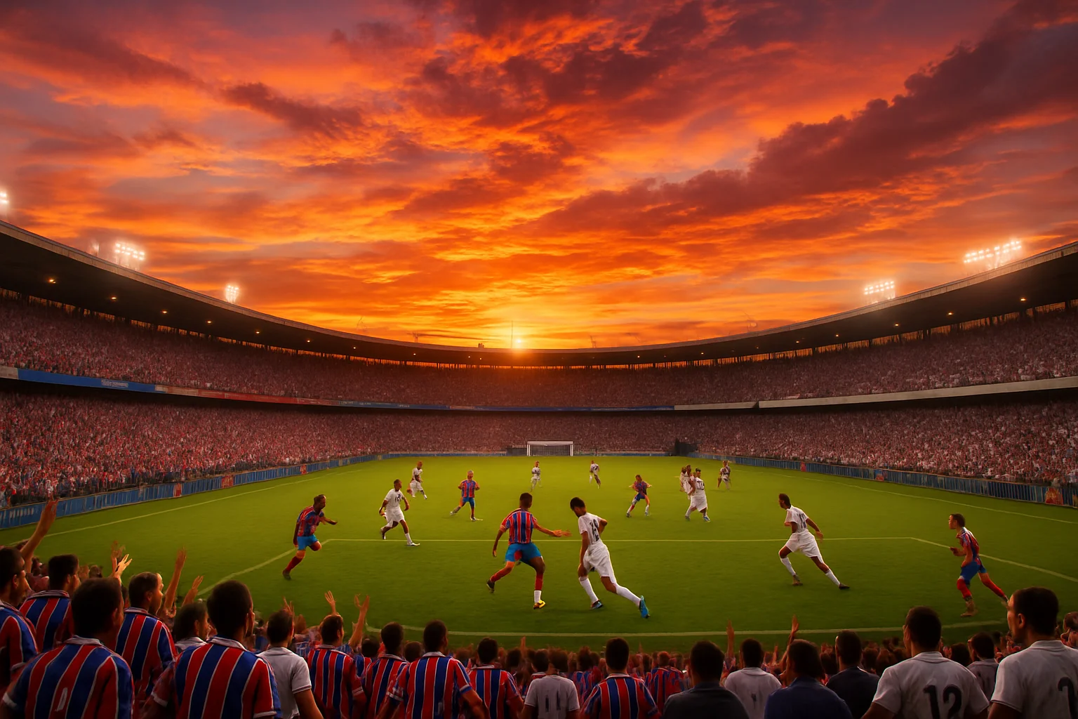 Atlético de Alagoinhas x Bahia: Onde assistir ao jogo AO VIVO Cena de estádio Pituaçu lotado durante Atlético de Alagoinhas x Bahia ao pôr do sol, com torcedores e jogadores em ação vibrante