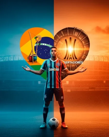 Bahia divide foco entre Baianão e Libertadores em retornos aos treinos Jogador do Bahia segurando dois lados de um coração estilizado, representando a dualidade entre Baianão e Libertadores, com fundo degradê azul e laranja