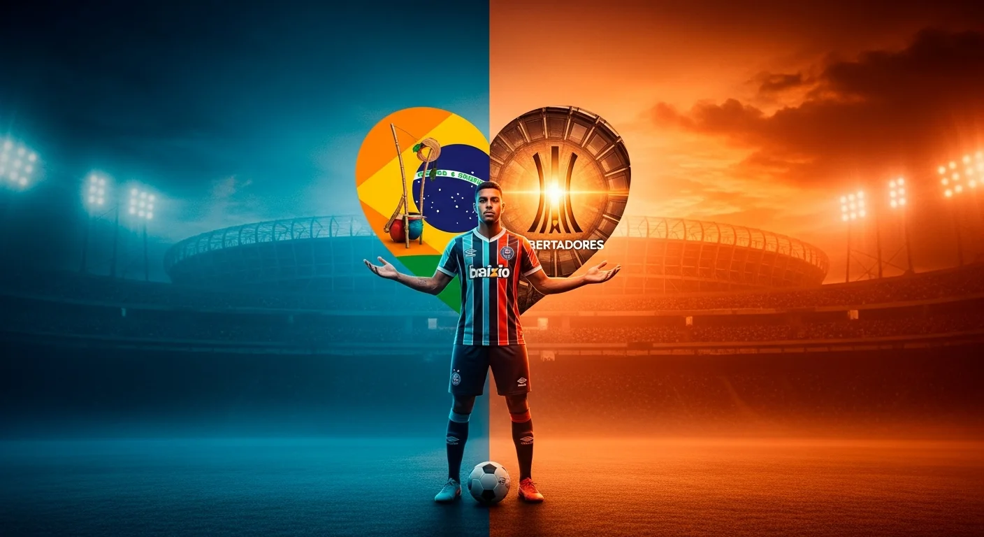 Bahia divide foco entre Baianão e Libertadores em retornos aos treinos Jogador do Bahia segurando dois lados de um coração estilizado, representando a dualidade entre Baianão e Libertadores, com fundo degradê azul e laranja