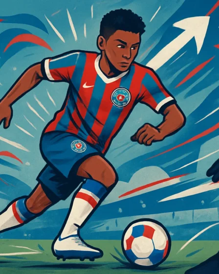 Bahia anuncia volante João Lucas com contrato até 2027 para o sub-20 Ilustração de um jovem volante do Bahia driblando no campo, simbolizando determinação e esperança na cor azul, vermelho e branco