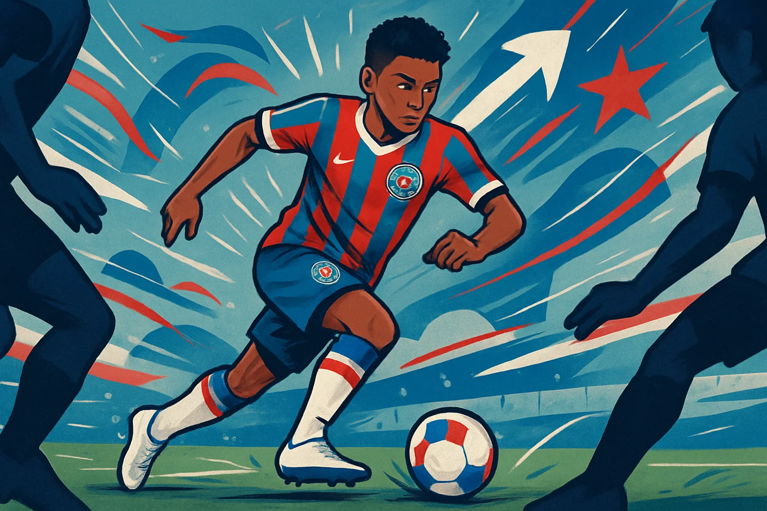 Bahia anuncia volante João Lucas com contrato até 2027 para o sub-20 Ilustração de um jovem volante do Bahia driblando no campo, simbolizando determinação e esperança na cor azul, vermelho e branco