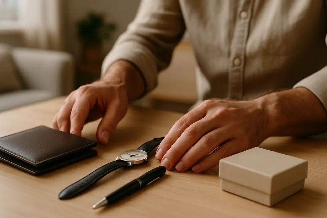 Presente para namorado adulto que une utilidade e elegância Mãos masculinas organizando carteira de couro, caneta, relógio e caixa de presente sobre mesa de madeira clara
