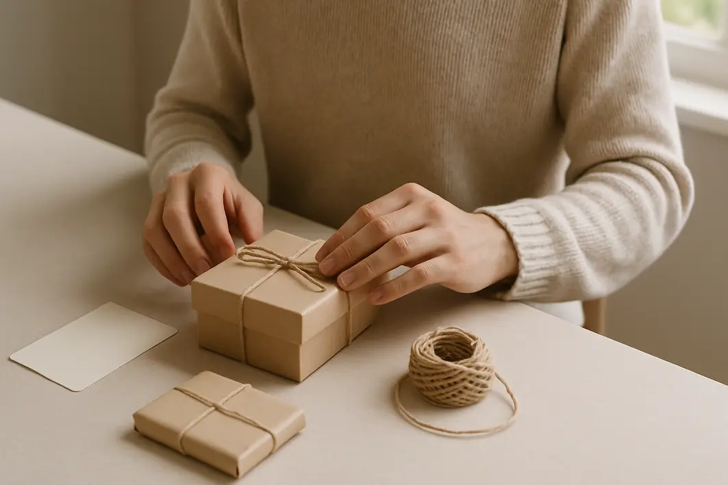 O que dar de presente para namorado: guia completo para não errar Mãos organizando caixa de presente com cartão, cordão e embrulho simples sobre mesa clara