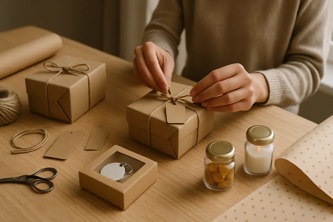 Sugestão de presente personalizado que não parece genérico Mãos organizando objetos para presente personalizado sobre mesa clara e organizada