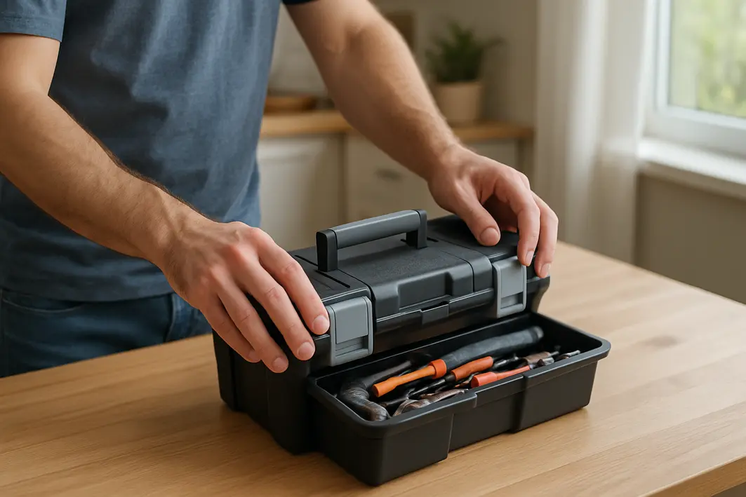 Presente para homem prático — o que dar para quem gosta de utilidade Mãos masculinas ajustando caixa de ferramentas compacta sobre bancada de madeira clara em ambiente doméstico