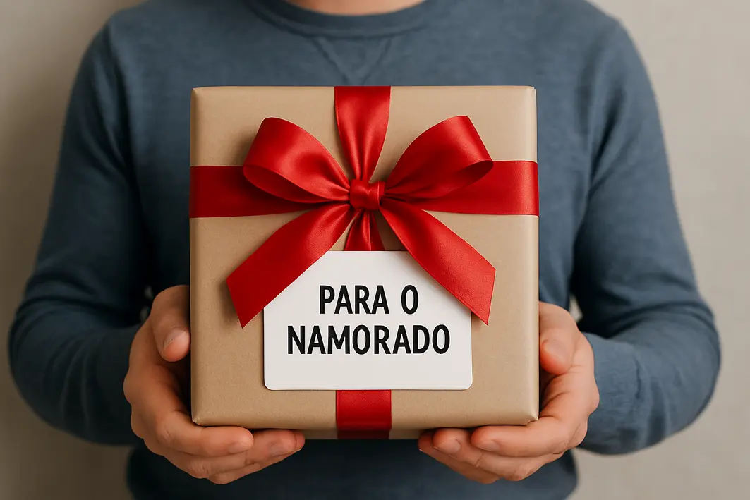 Presente para namorado adulto que une utilidade e elegância Mãos ajustando delicadamente embalagem de presente com papel kraft e fita de algodão em ambiente doméstico