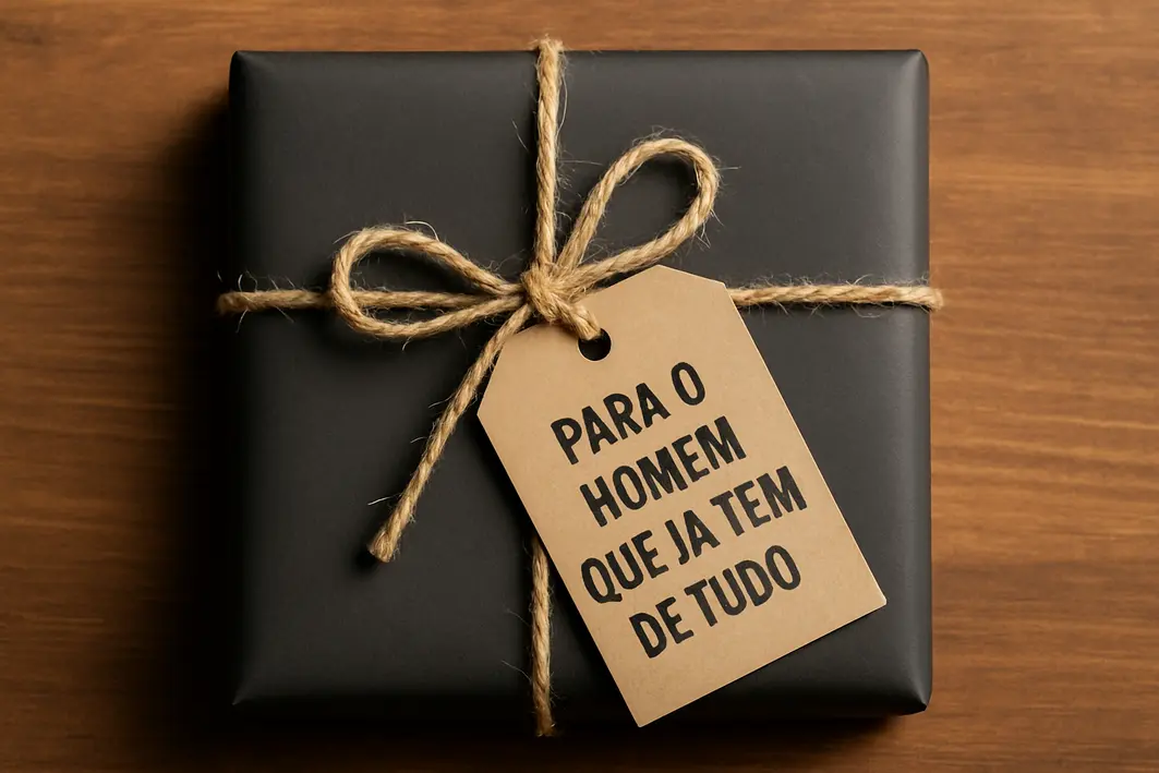 Presente para homem que já tem tudo — segredo está na escolha Close de mãos masculinas ajustando embalagem artesanal com papel rústico em ambiente acolhedor