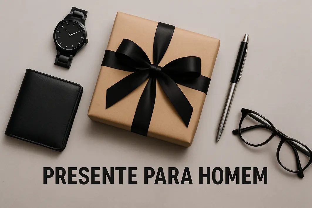Presente para homem minimalista: menos coisas, mais significado Mãos masculinas ajustando papel de embrulho simples sobre mesa de madeira clara