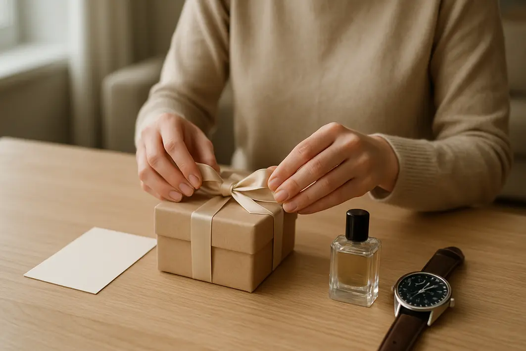 Sugestão de presente para namorado em qualquer ocasião Mãos femininas organizando caixa de presente, cartão, perfume e relógio sobre mesa de madeira clara