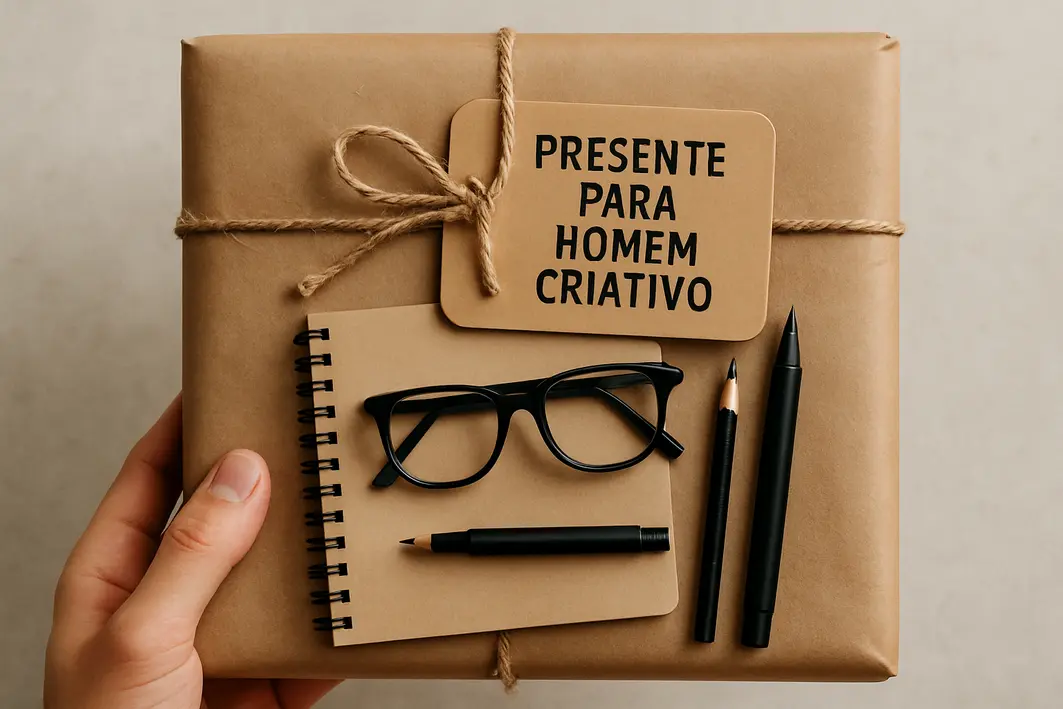 Presente para homem criativo: opções que estimulam e encantam Mãos masculinas ajustando embalagem artesanal simples com papel kraft